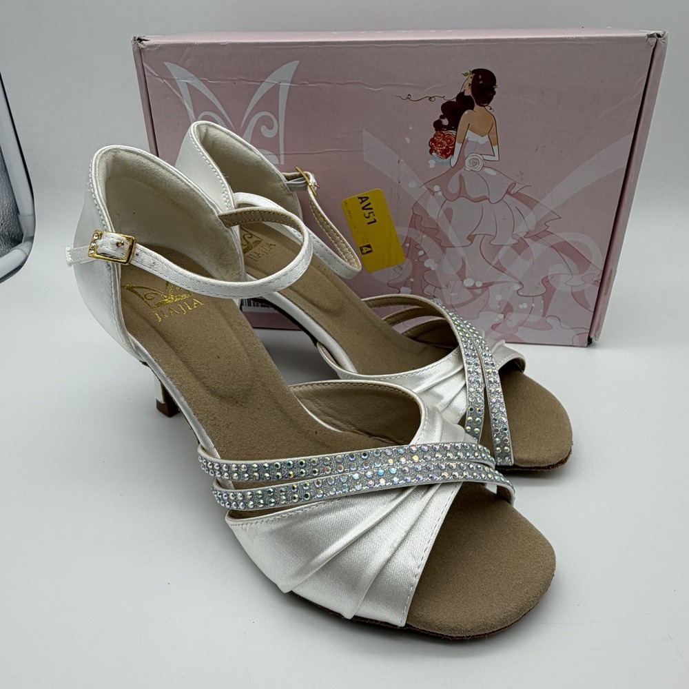 JIAJIA Ballroom Dance Shoes EU 38 White Satin Rhinestone Wedding Bridal Heels